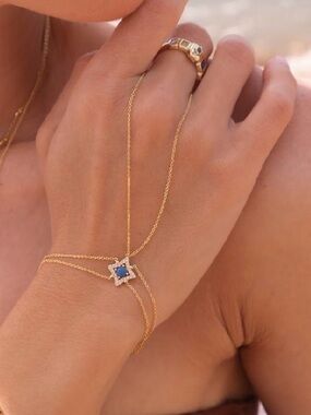 3/$40! 14k Gold Plated Hand Chain Bracelet with Blue Stone Rhodium Plated Star